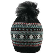 Dents Jacquard Fair Isle Faux Fur Pom Pom Knitted Bobble Hat - Black