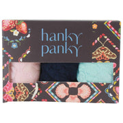 Paquete de 3 tangas de talle bajo con encaje exclusivo de Hanky Panky - Rosa ruborizada/Azul marino/Azul celeste