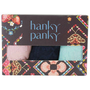 Paquete de 3 tangas de encaje exclusivo de Hanky Panky - Rosa rubor/azul marino/azul celeste